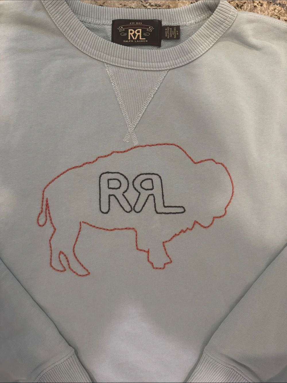 Ralph Lauren Double RL Light Blue Crewneck with Red Buffalo Outline